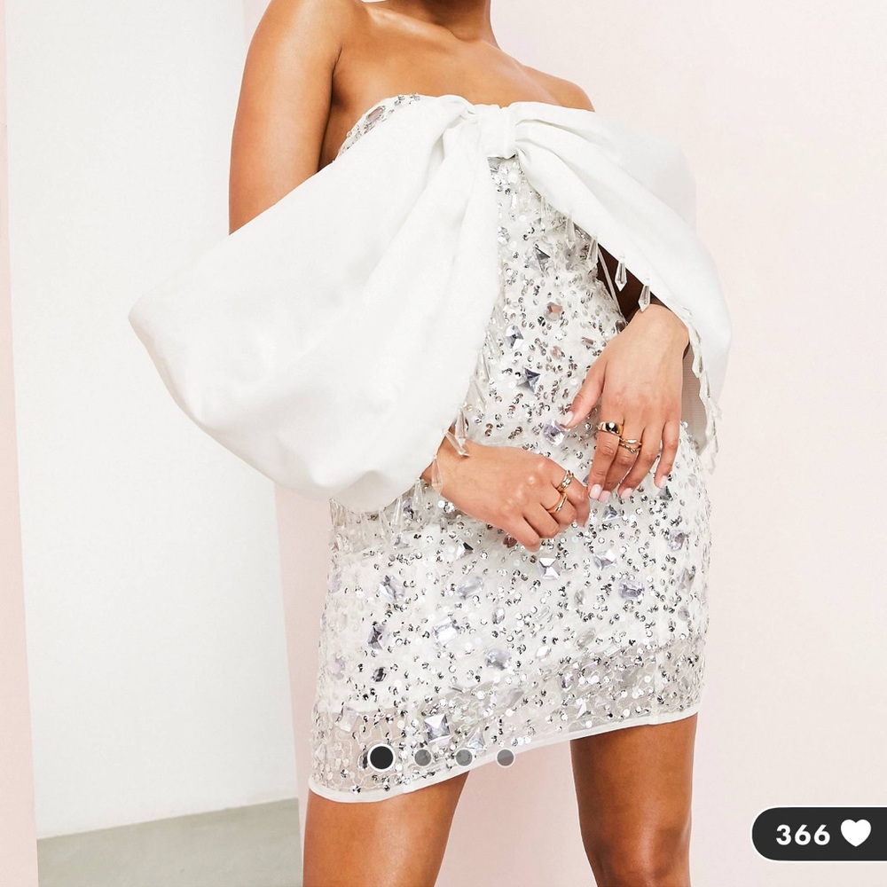 ASOS LUXE Bardot sleeve embellished crusted mini dress in white - size 12